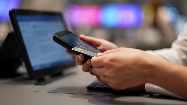 Cinematic close-up of customer hands using a mobile phone for contactless payment at a retail terminal, illustrating digital transactions.