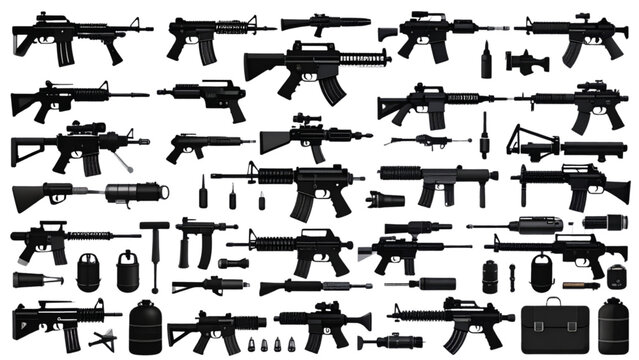 Military Weapon Silhouette Vector Set with Assault Rifles Handguns and Grenades