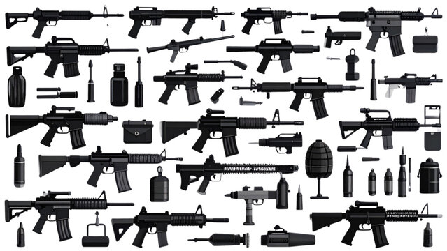 Military Weapon Silhouette Vector Set with Assault Rifles Handguns and Grenades