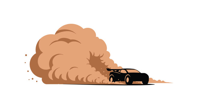 A black silhouette of a sports car speeds across a flat ground while kicking up a large billowing cloud of brown dust in a minimalist style.