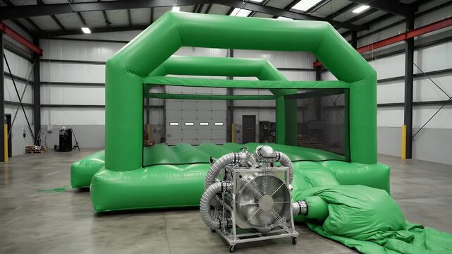 A large inflatable green structure with a fan system in a warehouse space