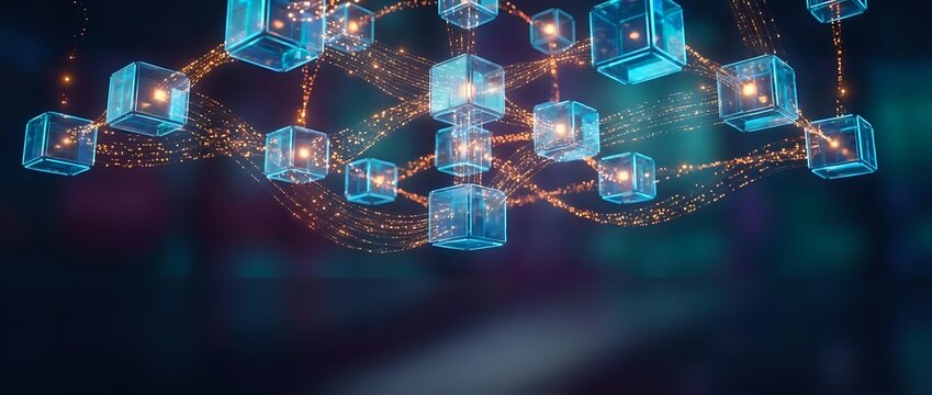 Blockchain network with glowing digital cubes connected by luminous chains representing cryptocurrency, data security and distributed ledger technology.