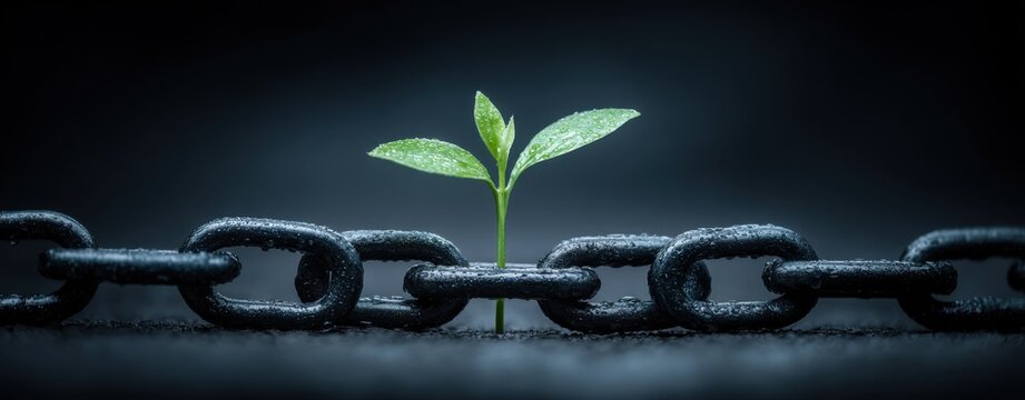 Small green seedling growing through heavy dark chain on dark surface, representing resilience, hope, growth and breaking through barriers