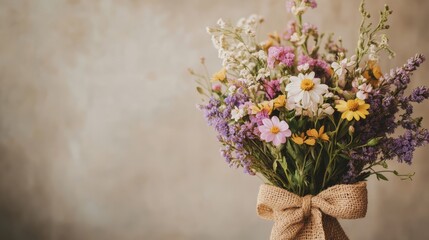 Fototapeta premium Vintage Style Wildflowers Arrangement with Copy Space