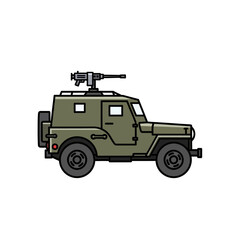 Obraz premium Military jeep with machine gun on top, armored vehicle, army transport, off-road vehicle, tactical transport