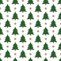Obraz premium A festive pattern of green Christmas trees and gold stars repeats across a white background.