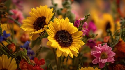 Obraz premium Beautiful close-up of vibrant sunflowers surrounded by colorful wildflowers, showcasing nature's splendor in a bright and cheerful garden setting