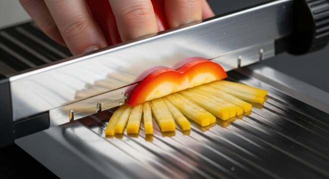 A hand slicing a tomato on a mandoline with yellow and red colors on a kitchen counter with a white