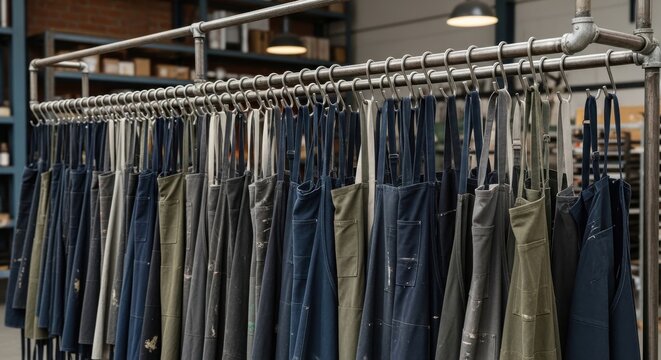 A large selection of pants hangs on a metal clothing rack in a warehouse or factory setting with ind