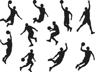 Basketball player silhouette vector, dynamic action poses, dribbling, dunking, shooting, sports illustration, athletic movement, black figures, isolated design elements © Gita