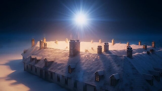 Winter's Embrace A SnowCovered Building under a Radiant Starburst Sky