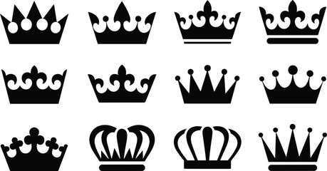 Royal crown silhouette collection with king queen tiara icons isolated black vector set © Ayejoddin