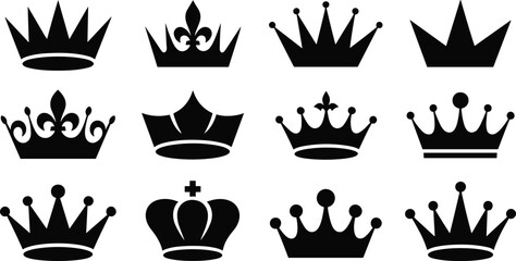 Royal crown silhouette set with king queen tiara icons isolated black vector © Ayejoddin