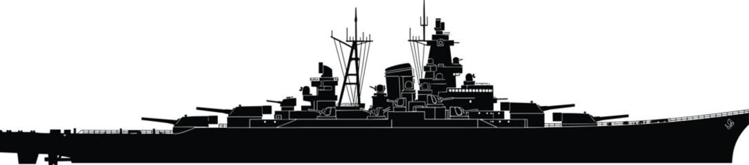 Battleship silhouette illustration isolated on white background, military naval warship side view for defense concepts, maritime warfare history, ocean security, strategy design,  © Gita