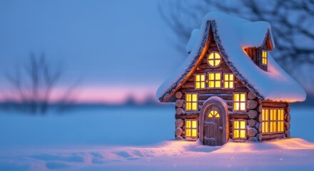 Fototapeta premium A charming winter dwelling illuminates the snowy landscape at dusk. Its windows emit a golden, inviting glow, creating a cozy and warm contrast, inviting, festive, cold