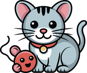 Fototapeta premium Cute cartoon cat playing with toy mouse vector illustration fun pet concept playful animal cartoon isolated on white