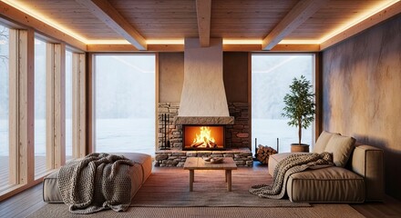 Naklejka premium A cozy, warm interior space on a snowy winter day, emphasizing natural materials and energy-efficient living practices, quiet, efficient heating, wool blanket