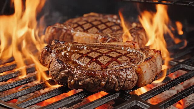Steaks Grilling on Open Flame