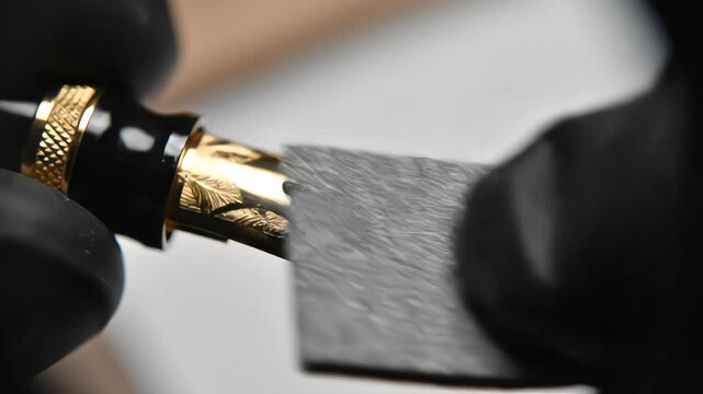 Macro shot of an artisan polishing a gold fountain pen nib with an abrasive pad to tune the writing tip