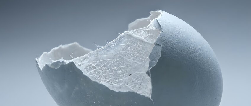 Broken white eggshell with jagged crack revealing empty interior against clean gray background for cooking and breakfast concepts.
