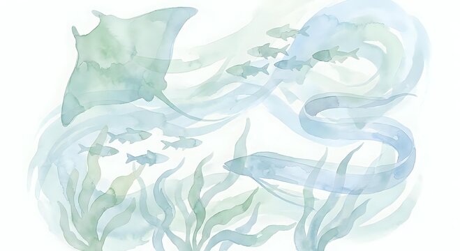 Watercolor underwater scene with flowing seaweed, fish silhouettes and ocean currents in soft green and blue tones for marine themed designs.