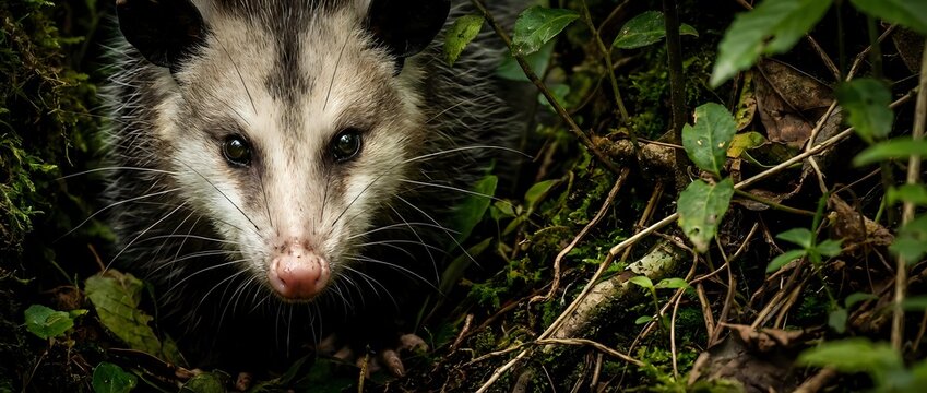 Young opossum with gray and white fur emerging from dense green foliage in natural woodland habitat during nighttime exploration.