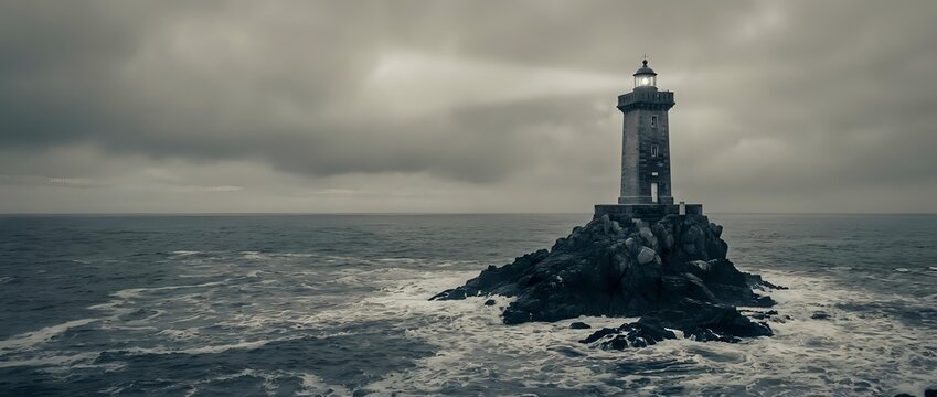 Dramatic lighthouse standing on rocky outcrop surrounded by turbulent ocean waters under moody stormy sky. Maritime navigation beacon guides ships safely.