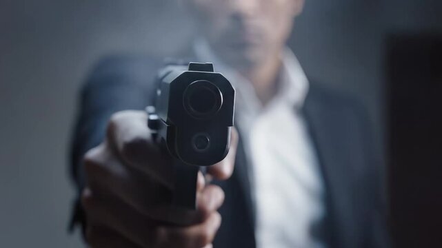 Man in suit aiming gun