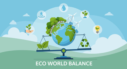 Fototapeta premium Flat vector illustration of eco world balance concept showing planet Earth balanced with environmental elements such as renewable energy, recycling, green plants, and sustainable resources. Represents