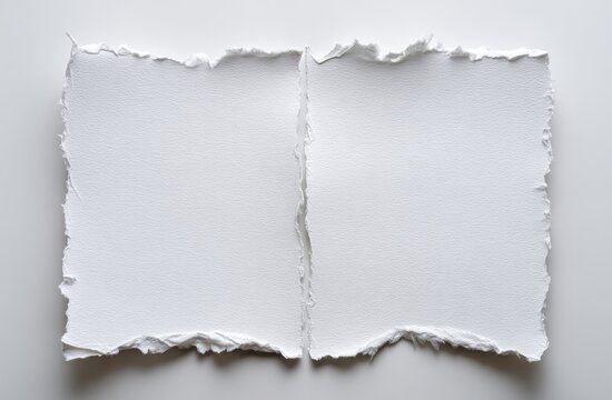 Two torn, textured white paper squares set on a neutral surface, split down the middle