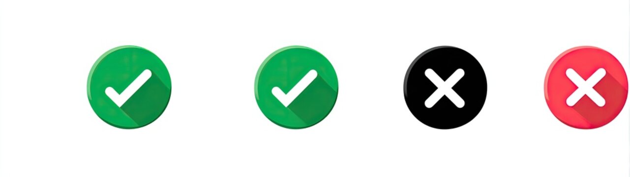 Set of four circular icons two checks, a black X, and a red X. Long shadow effect