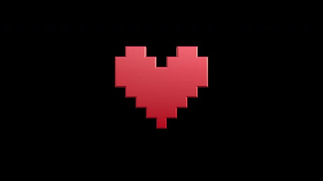 3D pixel art style heart shape icon symbol spinning animation transparent background alpha channel ProRes 444