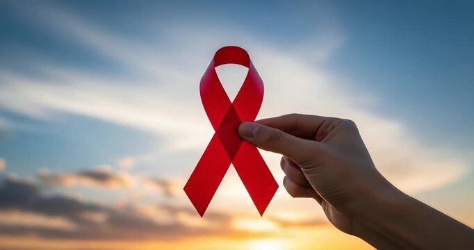 Hand Holding Red Ribbon Symbol Against Sunset Sky clouds awareness hope health medical support hiv aids