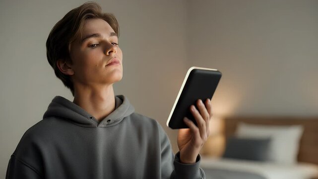 Thoughtful Young Man Reading Glowing E-reader in Bedroom - Evening Relaxation and Digital Education