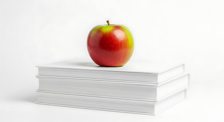 A vibrant red apple sits atop a stack of white books on a clean surface viewed from a slight angle