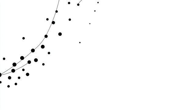 Abstract image. Black dots of varying sizes clustered along a curved line against white