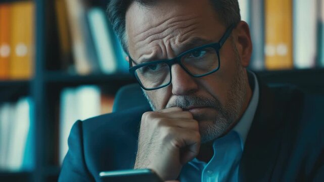 A professional man with glasses, dressed in a suit and tie, reading a book in an office. A deep thinking or analyzing expression.