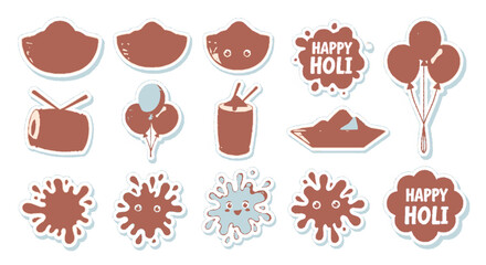 Holi festival stickers with colorful splat and happy holi messages on white background