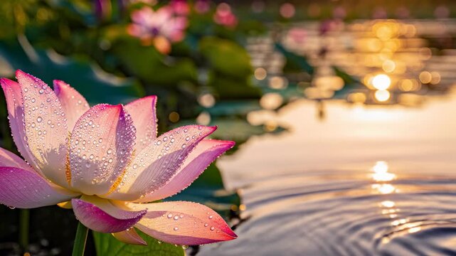 Pink Lotus Flower on Water, Sunset Reflection, Serene Nature, Zen Meditation, Peaceful