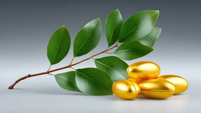 Golden eggs and green leaves on a simple surface with a gray background during a studio setup
