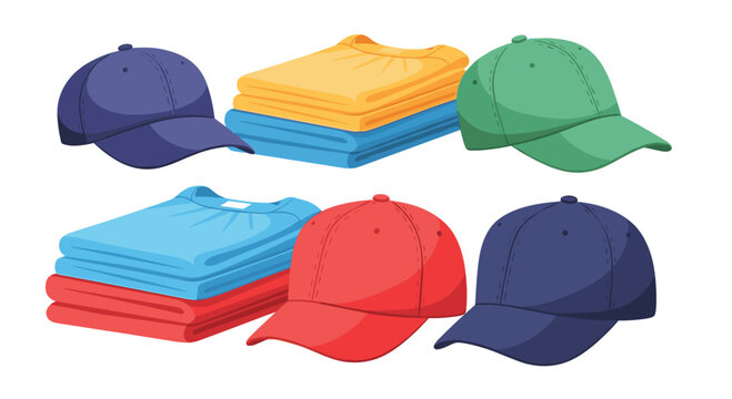 A collection of folded colorful t-shirts in stacks is displayed alongside several baseball caps in purple, green, red, and navy blue colors.