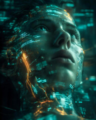 デジタルデータに包まれた未来のAIヒューマノイドのポートレート