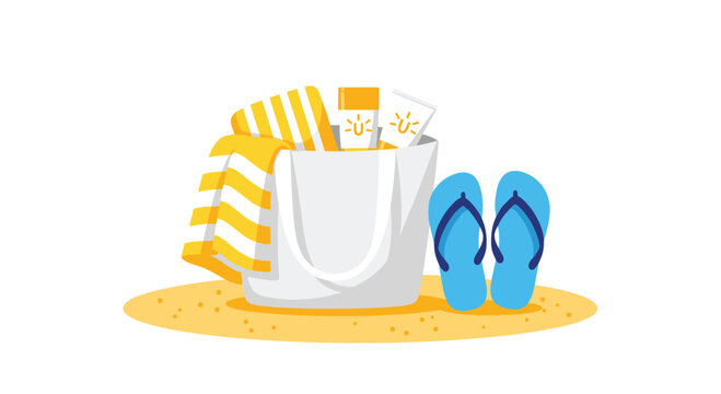 A white beach bag containing a striped towel and sunscreen sits on a patch of yellow sand next to a pair of blue flip-flops.