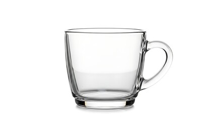 Clear glass coffee mug with handle transparent and empty isolated on white background studio lighting modern design minimalist aesthetic