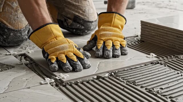 Person installing floor tiles