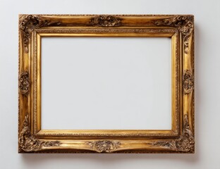 Ornate gold-colored picture frame with detailed carvings, empty white interior, on a white background
