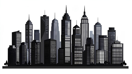 Black Silhouette City Skyline with Tall Buildings and Skyscrapers &ndash; Vector Illustration
