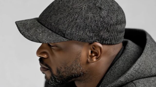 Man wearing a gray cap and dark hoodie looks directly at the camera with a serious expression in a studio setting