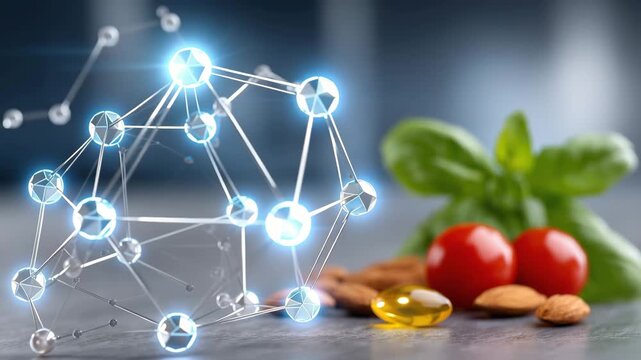 Modern food science explores link between nutrients and health using visual elements of tomatoes, almonds, and supplements