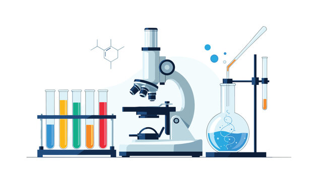 Laboratory workspace equipped with a white microscope, test tubes with colored liquids, and round bottom flasks for scientific research.